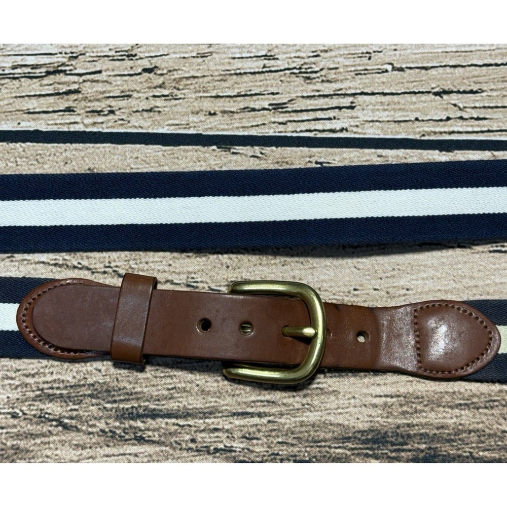 J Press Canvas Belt Mens 42 Brown Leather Blue White Striped Cotton Brass Buckle